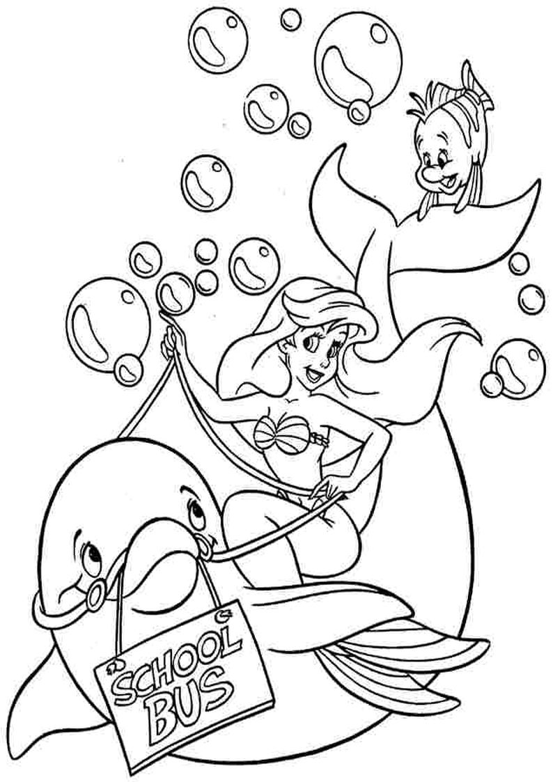 kolorowanka dla dziewczynek z syrenką Ariel dosiadającą delfina oraz z Florkiem, obrazek do wydruku i pomalowania numer 7